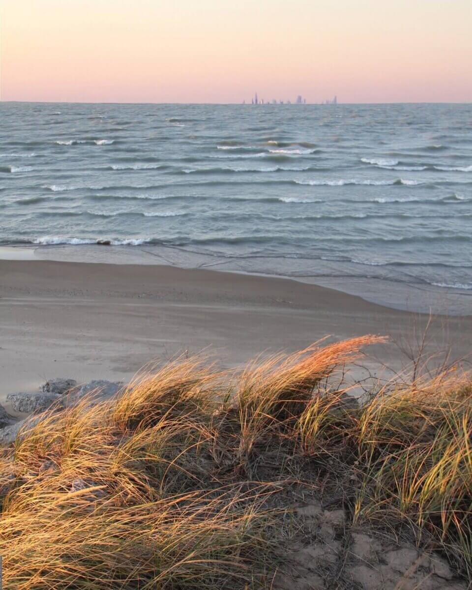 Waves roll onto a sandy lakeshore with tall dune grass in the foreground; a distant city skyline is visible on the horizon under a pastel sky.