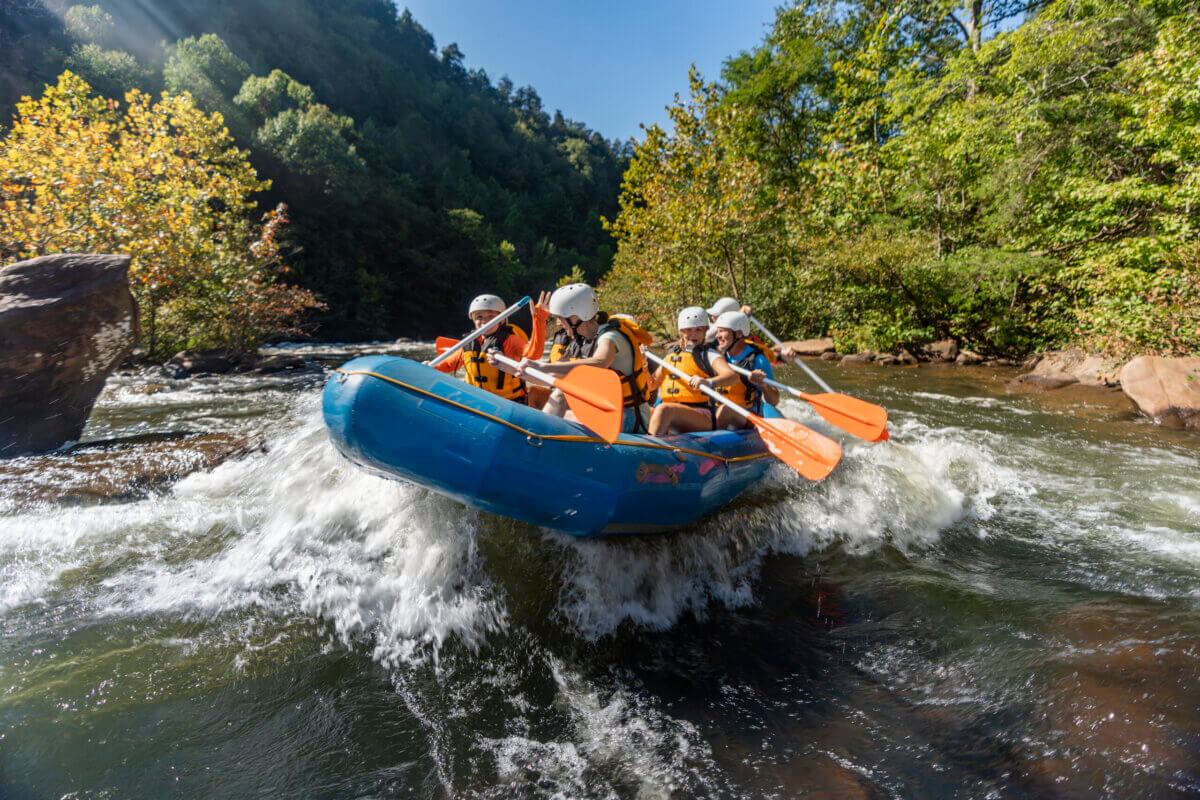 Great Southern Outdoors: Destinations for Active Travelers - 2 A group of people wearing helmets and life jackets paddle an inflatable raft through whitewater rapids surrounded by trees, enjoying the thrill of outdoor adventure vacations.