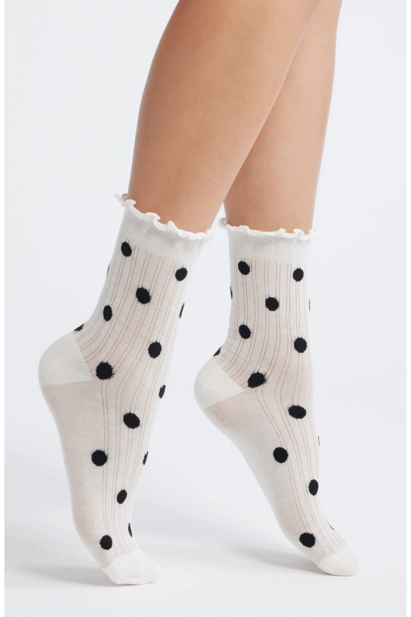 A pair of feet wearing white socks with black polka dots and ruffled edges, shown against a plain background—an adorable nod to current fashion trends.
