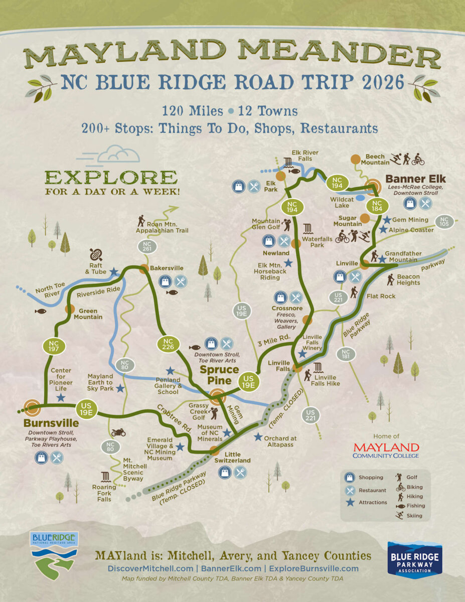 NC's Most Charming Mountain Road Trip Route: The Mayland Meander - 2 Illustrated map of the Mayland Meander NC Blue Ridge Road Trip, featuring the charming mountain road as it winds through scenic routes, vibrant towns, and must-see local attractions across Mitchell, Avery, and Yancey Counties. Discover points of interest that make this NC mountain road trip unforgettable.