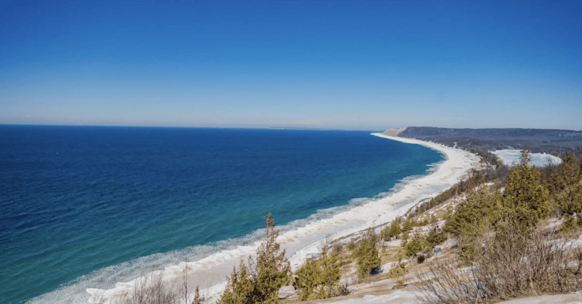 8 Easy Cool-Weather Escapes in the South & Beyond - 14 View of a sandy shoreline with blue water and gentle waves, bordered by sparse trees under a clear blue sky.