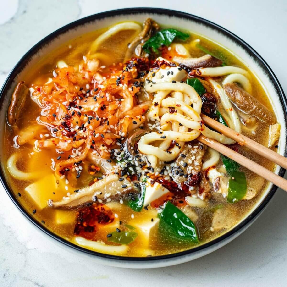 An Ode to Oxford: How to Eat Your Way Through This Delicious Small Town - 18 A bowl of noodle soup with vegetables, tofu, mushrooms, kimchi, chili oil, and sesame seeds is beautifully presented with chopsticks resting on the bowl.
