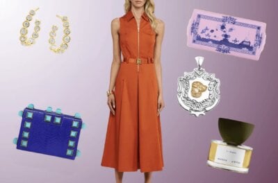 A woman in an orange sleeveless dress is surrounded by gold earrings, a pink tray, a blue clutch, a silver pendant, and luxe Nashville flair on a purple gradient background.