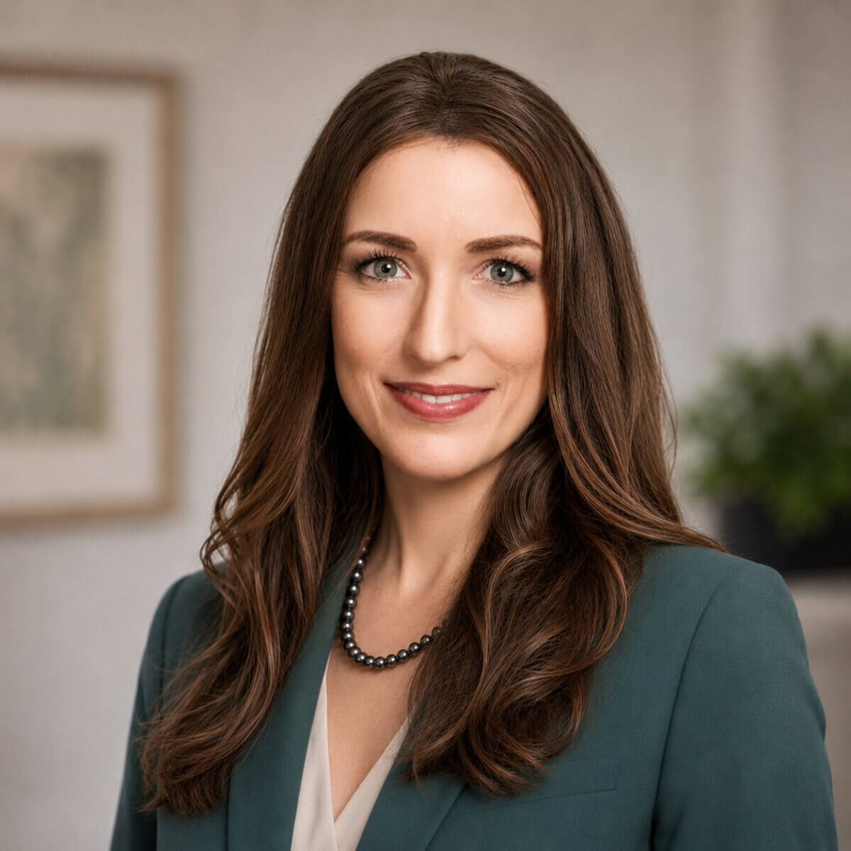 She’s Helping Put Books in the Hands of 500,000 Tennessee Kids - 2 Woman with long brown hair wearing a teal blazer and pearl necklace, smiling, posed in a professional indoor setting with blurred background; dedicated to supporting reading programs and improving literacy among young Tennessee readers.