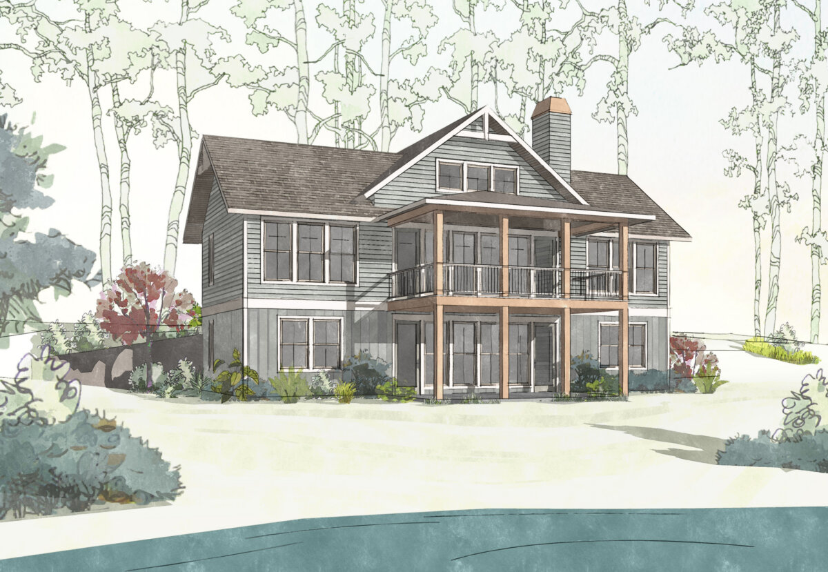 Architectural illustration of a two-story house with large windows, a covered porch, and wooden columns surrounded by trees at 479 Transom Drive, Lake Martin AL, viewed beautifully from the Lake Martin waterfront.