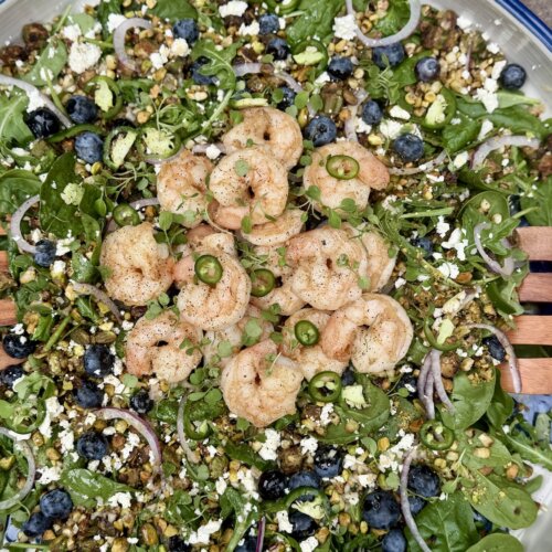 An Unexpected Meal in Jackson, MS, Inspired Our Newest Summer Salad - 5 Enjoy a refreshing summer salad featuring shrimp atop fresh greens, blueberries, feta cheese, lentils, sliced jalapeños, and red onions—all beautifully served in a large bowl with wooden salad tongs.