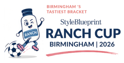 A cartoon ranch dressing bottle kicks a soccer ball, celebrating the Birmingham Ranch Cup 2026 with vibrant text promoting the exciting Ranch Cup 2026 event.