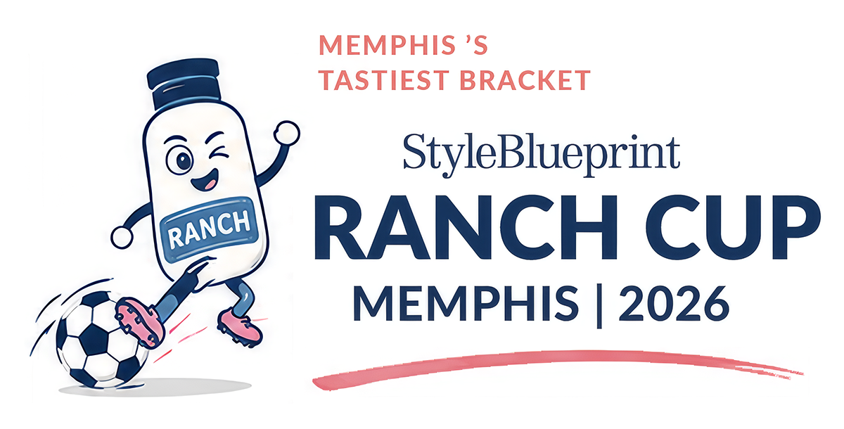 Illustration of a smiling ranch dressing bottle kicking a soccer ball, with text promoting the Memphis Ranch Cup at the StyleBlueprint Ranch Cup in Memphis, 2026.