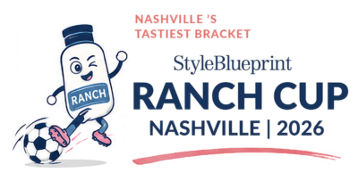 Cartoon ranch dressing bottle kicks a soccer ball next to text promoting the 2026 Nashville Ranch Cup event in Nashville.