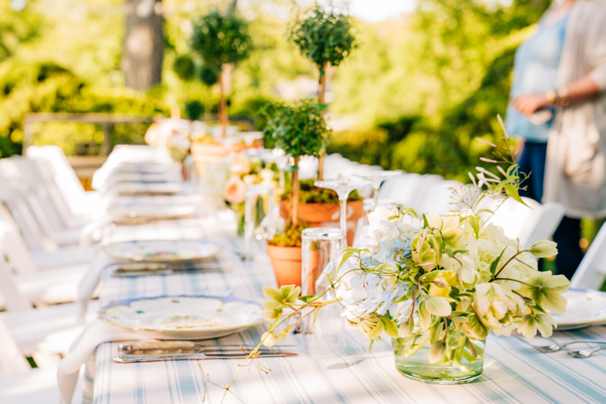 A Nashville Tastemaker on Table-Setting Do's and Don'ts, Hosting Disasters, and More - 2 A long outdoor table set with plates, glassware, floral centerpieces, and potted plants offers fresh inspiration for tablescape ideas, with lush greenery and blurred people in the background.