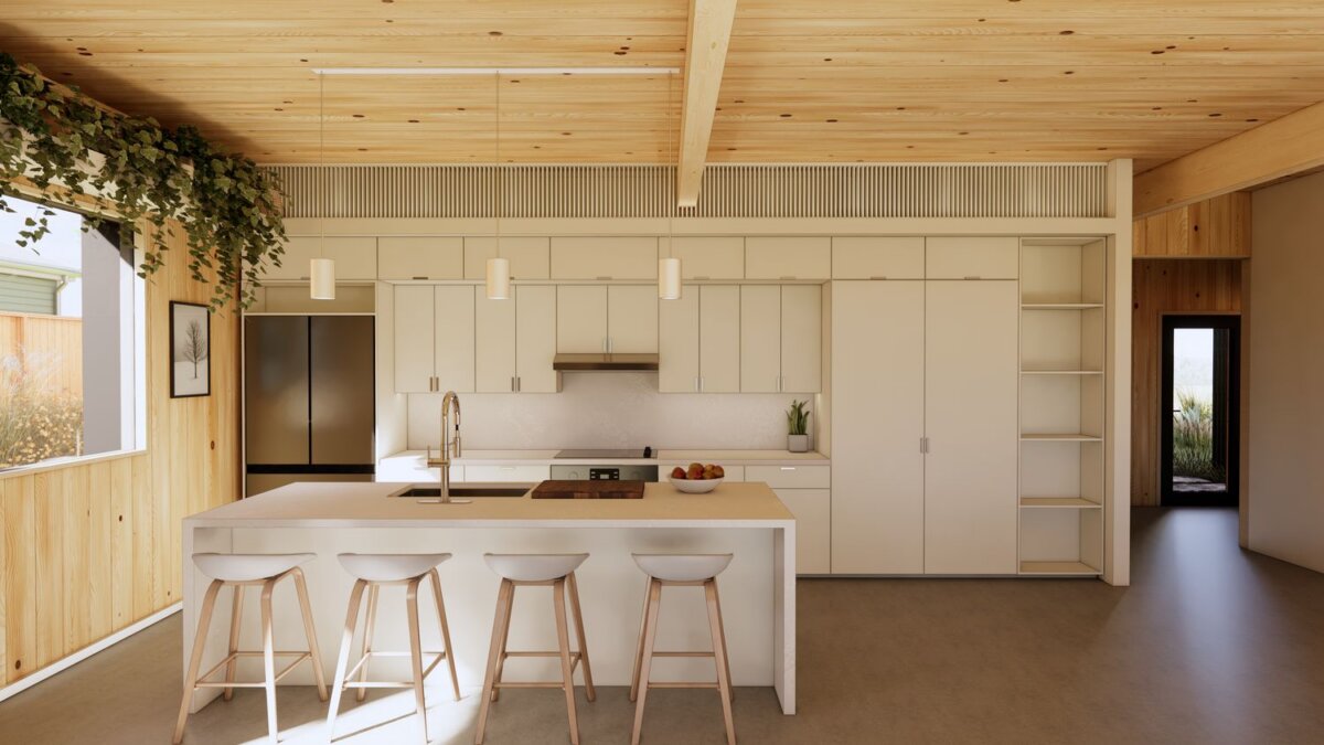 Modern kitchen on N Jenna Ct, Nashville, featuring light wood accents, white cabinets, an island with three barstools, pendant lights, and plants hanging from the ceiling.