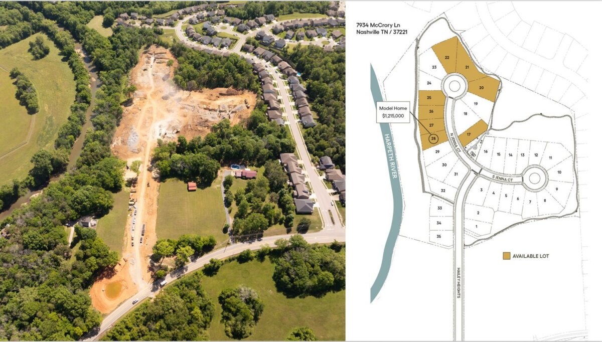 Aerial view of a housing development under construction next to a neighborhood in Nashville, alongside a map highlighting available lots—such as Lot 28 on N Jenna Ct—and the model home location.