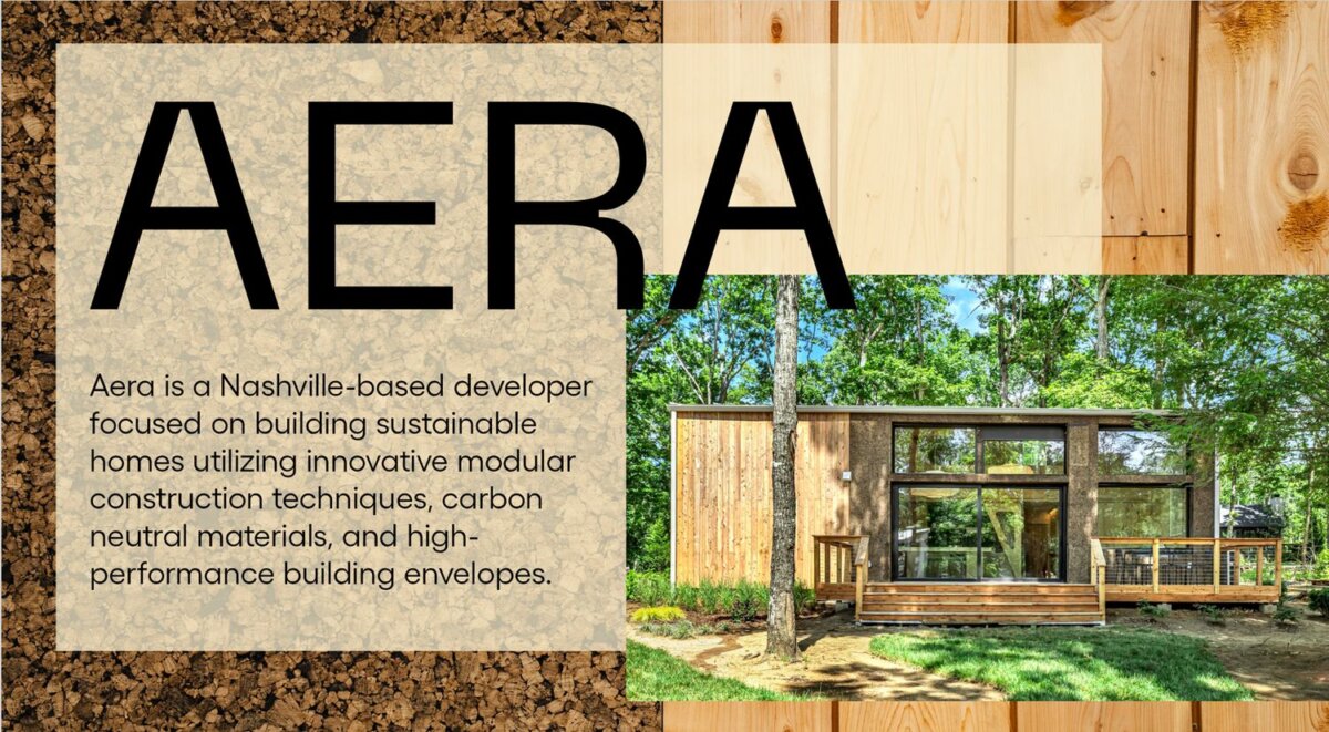 AERA text with description on left; right side shows a modern, modular wooden home in Nashville, TN, surrounded by trees, with cork and wood textures in background—an inviting retreat on N Jenna Ct.