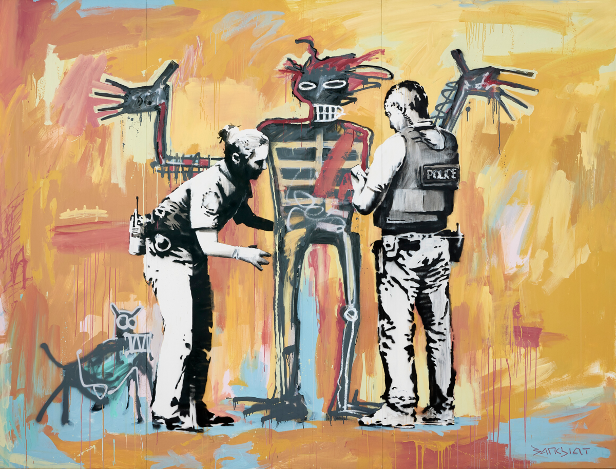 Two police officers search a figure painted in a graffiti style on a colorful wall, while a dog with a harness stands nearby in this striking Mobile art exhibit.