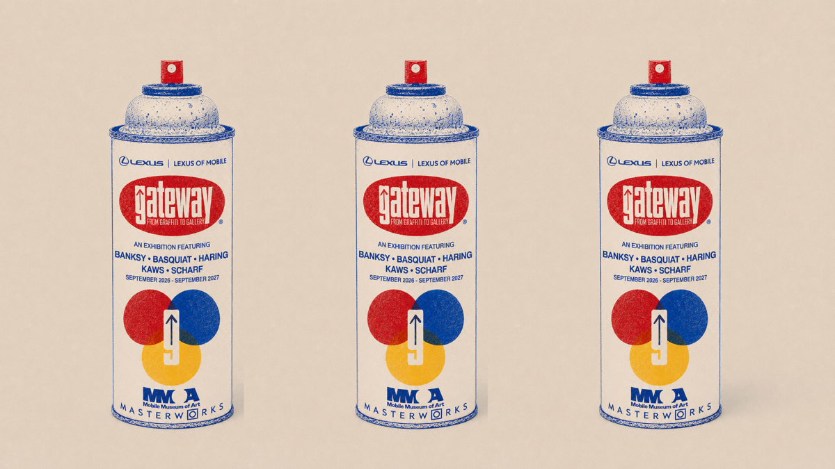 Three spray paint cans with “gateway” labels are arranged side by side against a beige background, featuring red, yellow, and blue design elements and event details for a mobile art exhibit.