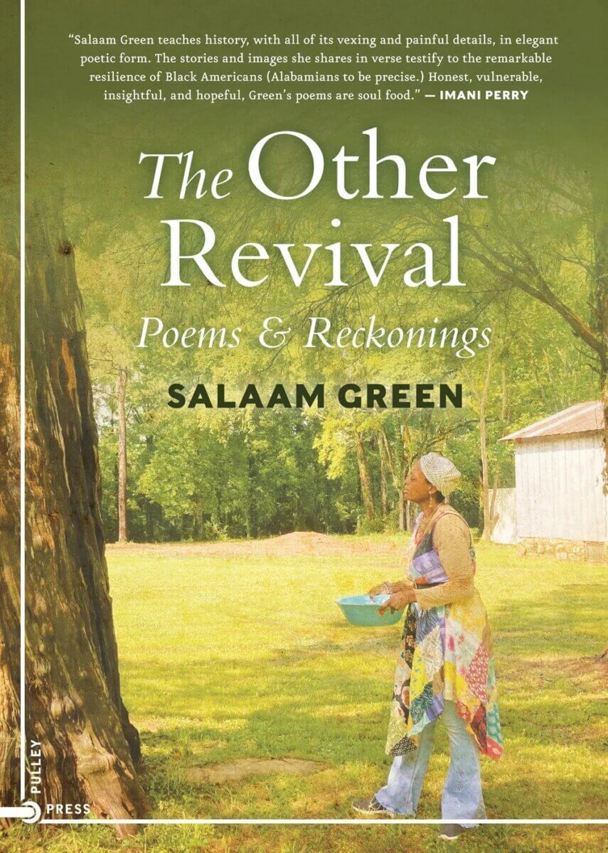 Meet Birmingham’s First Poet Laureate, Salaam Green - 4 A woman in a colorful dress stands in a sunlit grassy area, holding papers, with a large tree and a small building in the background—a scene that captures the vibrant spirit of Birmingham. Book title: The Other Revival, by Poet Laureate Salaam Green.