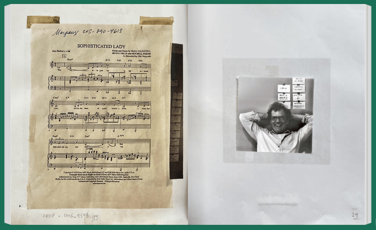 Sheet music titled “Sophisticated Lady” on the left page; black-and-white photo of a person smiling with hands behind head on the right page.