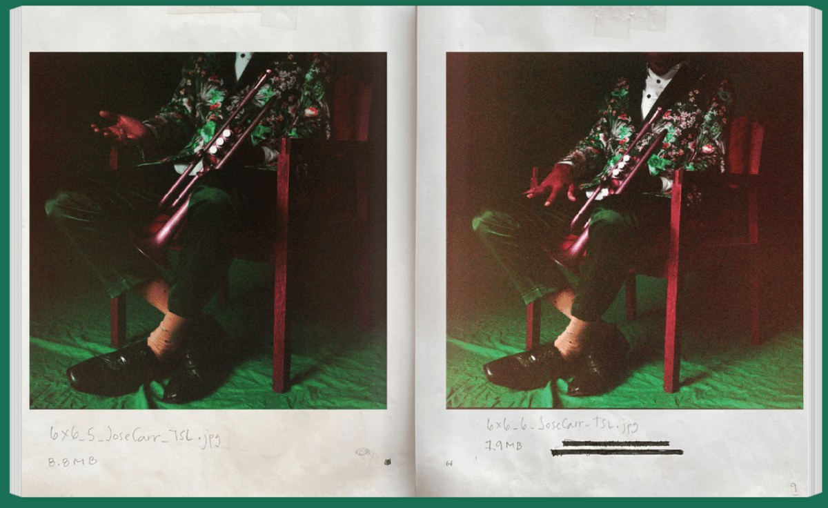 Two photographs of someone seated in a floral jacket and holding a flute, are shown on facing pages with handwritten filenames and file sizes beneath each image.