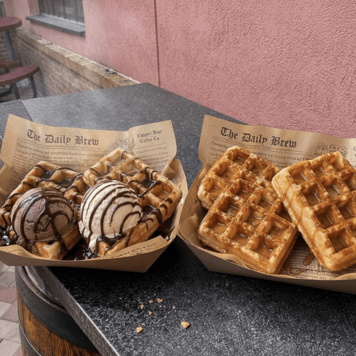 Two trays on a table, each with waffles. One tray has waffles with ice cream scoops and chocolate drizzle; the other has plain waffles with syrup. Outdoor seating is visible in the background.