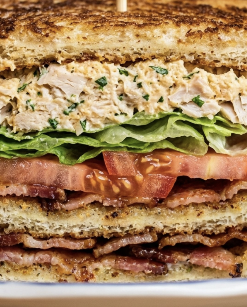 Close-up of a club sandwich showing layers of toasted bread, lettuce, tomato, bacon, and a creamy chicken salad filling—one of the epic sandwiches you’ll find among BHAM Deli Sandwiches.