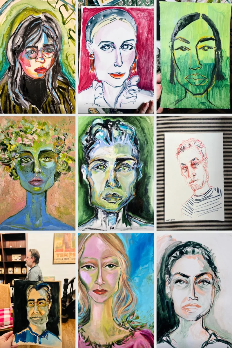 Step into the World of BHAM Artist Morgan Jones Johnston - 4 A grid of nine painted portraits, each depicting a different person with varied facial expressions and color palettes showcases realistic, abstract, and stylized artistic approaches reminiscent of Morgan Jones Johnstonβs eclectic influences.
