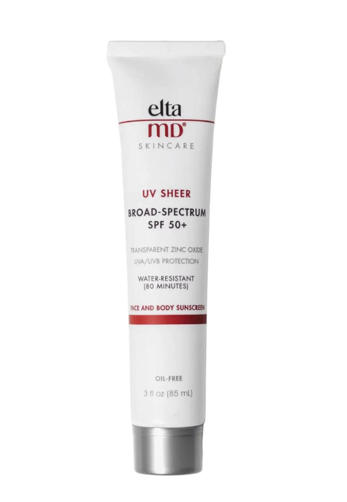 A white tube of EltaMD UV Sheer Broad-Spectrum SPF 50+ sunscreen for face and body, 3 fl oz size, featuring zinc oxide and labeled as water-resistant for 80 minutes—perfect inspiration for staying protected during those sunny September Fall Football Weekends.
