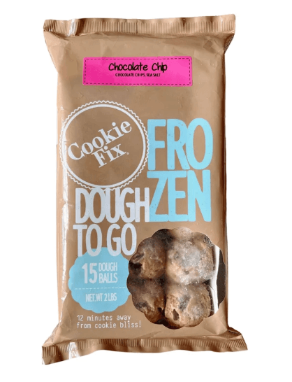 A package of Cookie Fix Frozen Dough To Go, chocolate chip flavor, containing 15 dough balls, 2 lbs total—perfect for bringing inspiration to your September gatherings or Fall Football Weekends. Text on the package highlights “12 minutes away from cookie bliss!”.