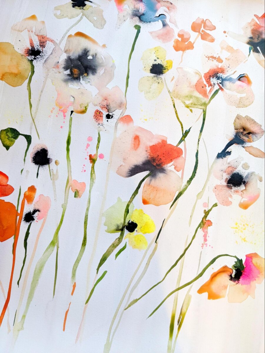 She Brings Art, Vintage Finds & Creativity to Memphis - 8 Watercolor painting of abstract flowers with long green stems and petals in shades of orange, yellow, pink, and black on a white background.