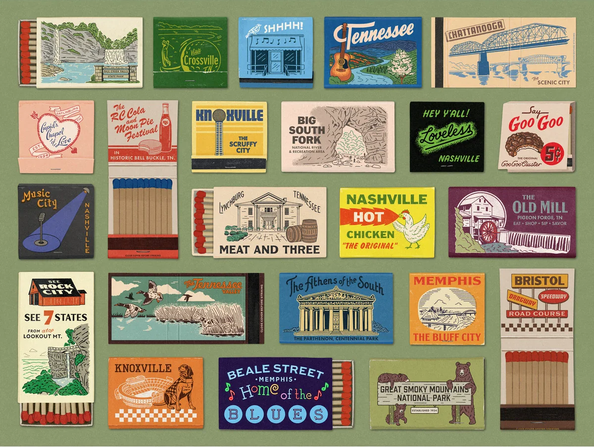 A collection of vintage Tennessee matchbooks featuring illustrations and names of local landmarks, cities, and attractions arranged in a grid pattern.