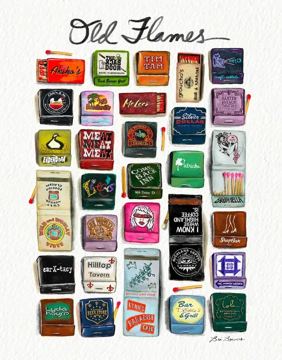 A collection of illustrated vintage matchbooks from various restaurants, bars, and cafes, arranged in a grid with “Old Flames” written at the top.