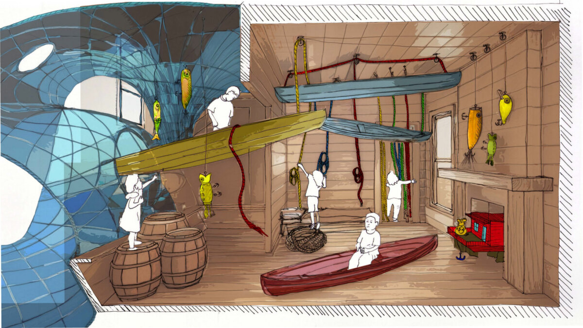 Meet the Woman Behind Louisville's First Children's Museum - 5 Illustration of a nautical-themed indoor play area showcasing the spirit of Child’s Play, with ropes, kayaks, barrels, climbing holds, and five children engaging in various activities.