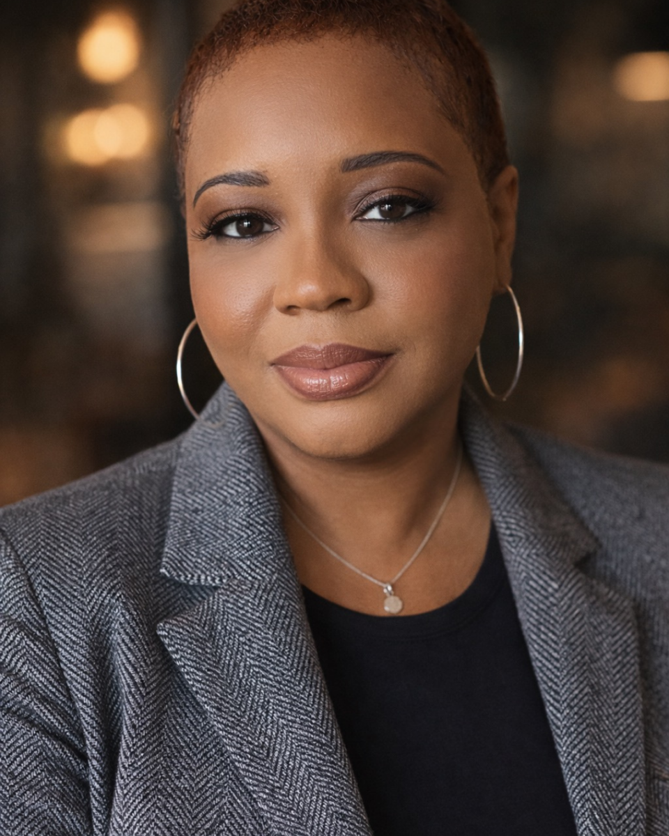 A headshot of a woman in a suit, looking directly at the camera.