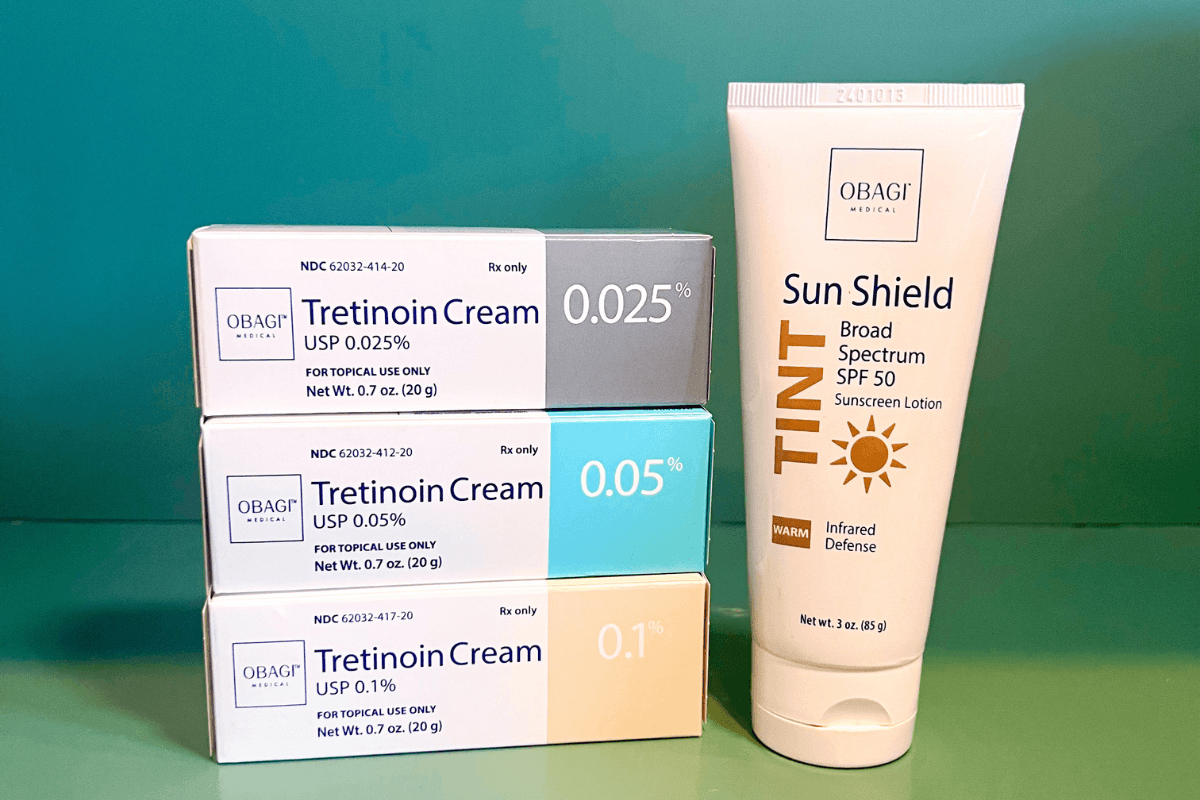 Three boxes of Obagi Tretinoin Cream in different strengths next to a tube of Obagi Sun Shield Tinted Sunscreen SPF 50, all displayed on a flat surface with a teal background.