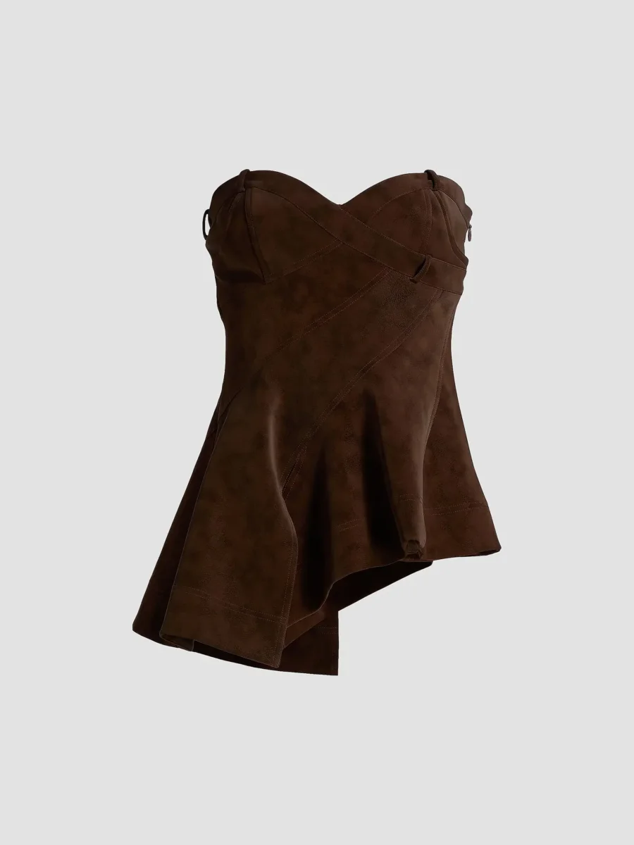 Brown strapless asymmetrical corset top with a sweetheart neckline and wrap detail, displayed on a plain light grey background.