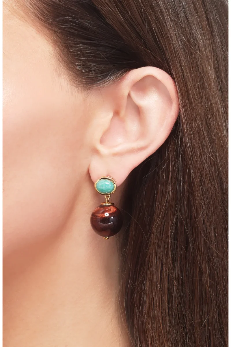Close-up of a woman’s ear wearing a gold earring with a small turquoise stone and a large round brown bead, effortlessly embodying fall fashion against a backdrop of straight brown hair and bare skin. This ready to wear accessory is perfect for elevating your look with on-trend seasonal style.