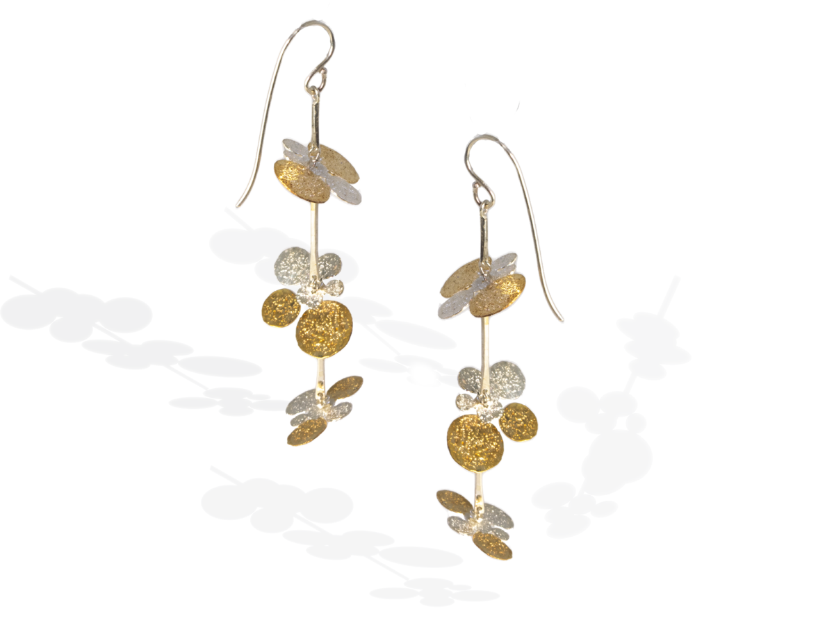 Pair of dangle earrings with gold and silver textured circular elements, photographed on a white background with visible shadows—a must-have find for anyone looking for stylish steals and deals.