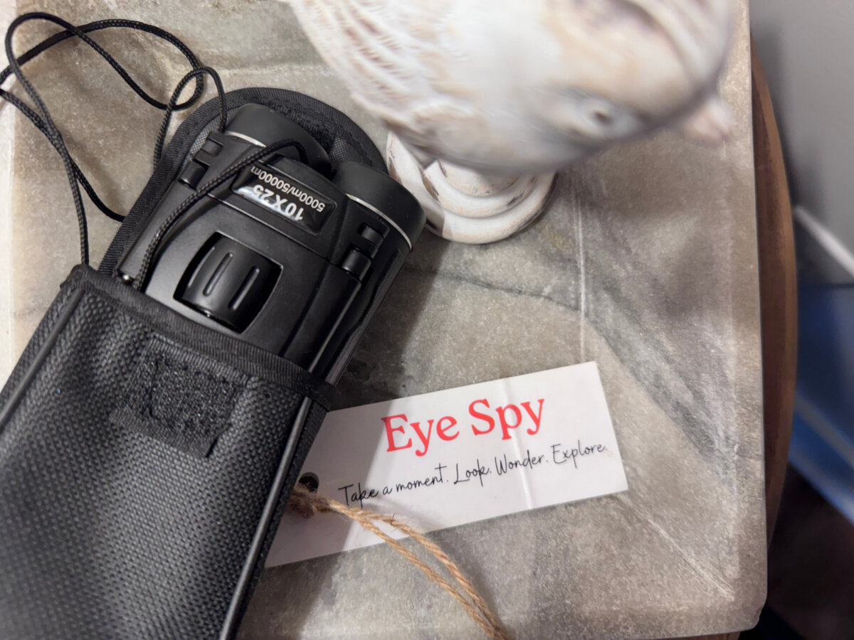 A black monocular in a case rests on a marble surface next to a tag reading “Eye Spy, Take a moment. Look. Wonder. Explore.” and a white bird figurine—inviting you to imagine lake views and enchanting North Alabama glamping getaways in cozy treehouses.