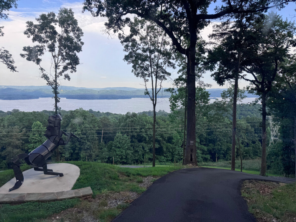 A paved road curves downhill toward a lake, surrounded by trees. A black abstract horse sculpture stands on a concrete pad to the left. Power lines stretch across the landscape, hinting at the unique amenities of this North Alabama setting—perhaps even leading to cozy glamping resort treehouses nestled in the woods nearby.