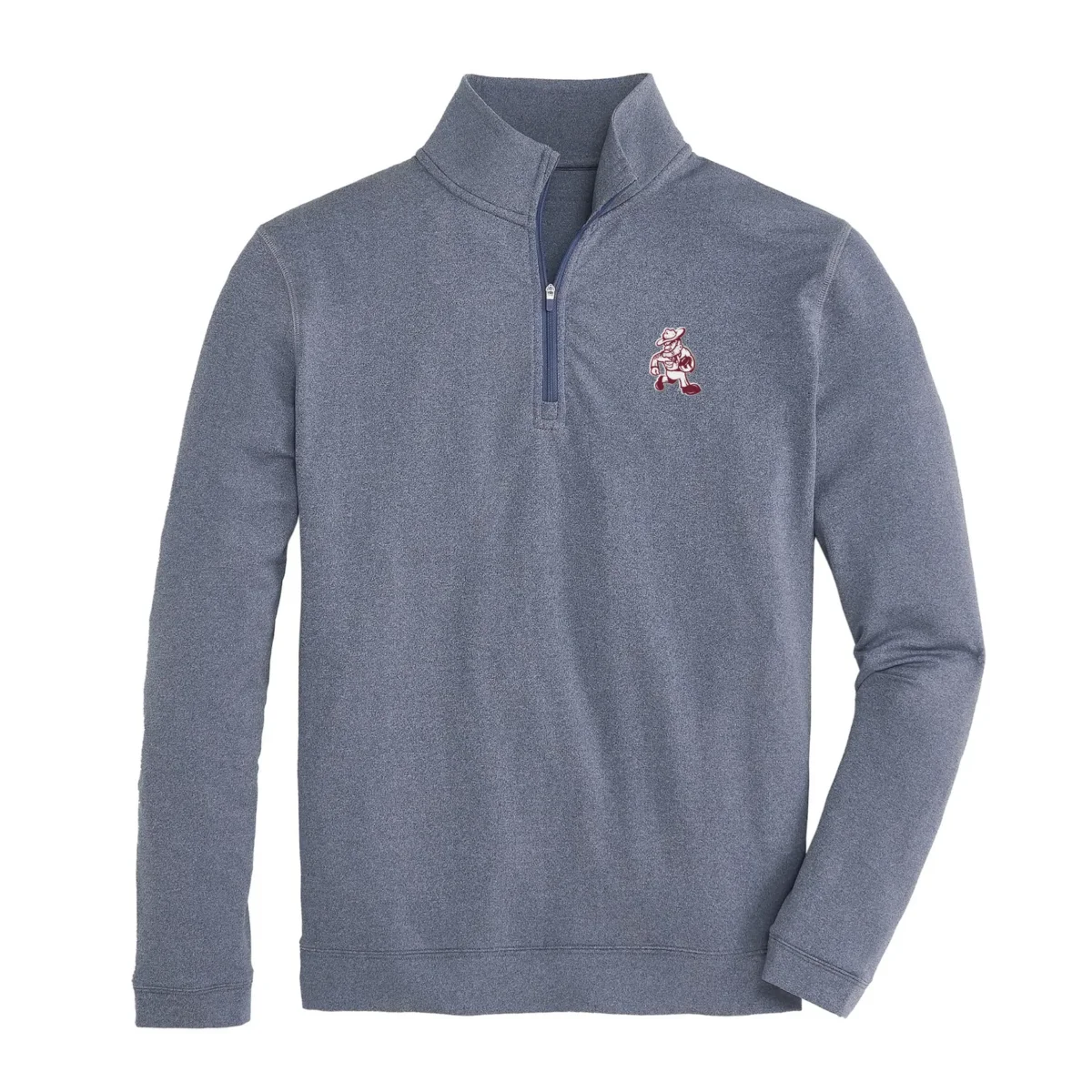 Southern Brands to Know for Football Season: Clothing, Decor & More - 11 A heather blue quarter-zip pullover with a small embroidered cartoon mascot on the left chest, laid flat on a white backgroundβan entertaining choice thatβs perfect for layering during football season.