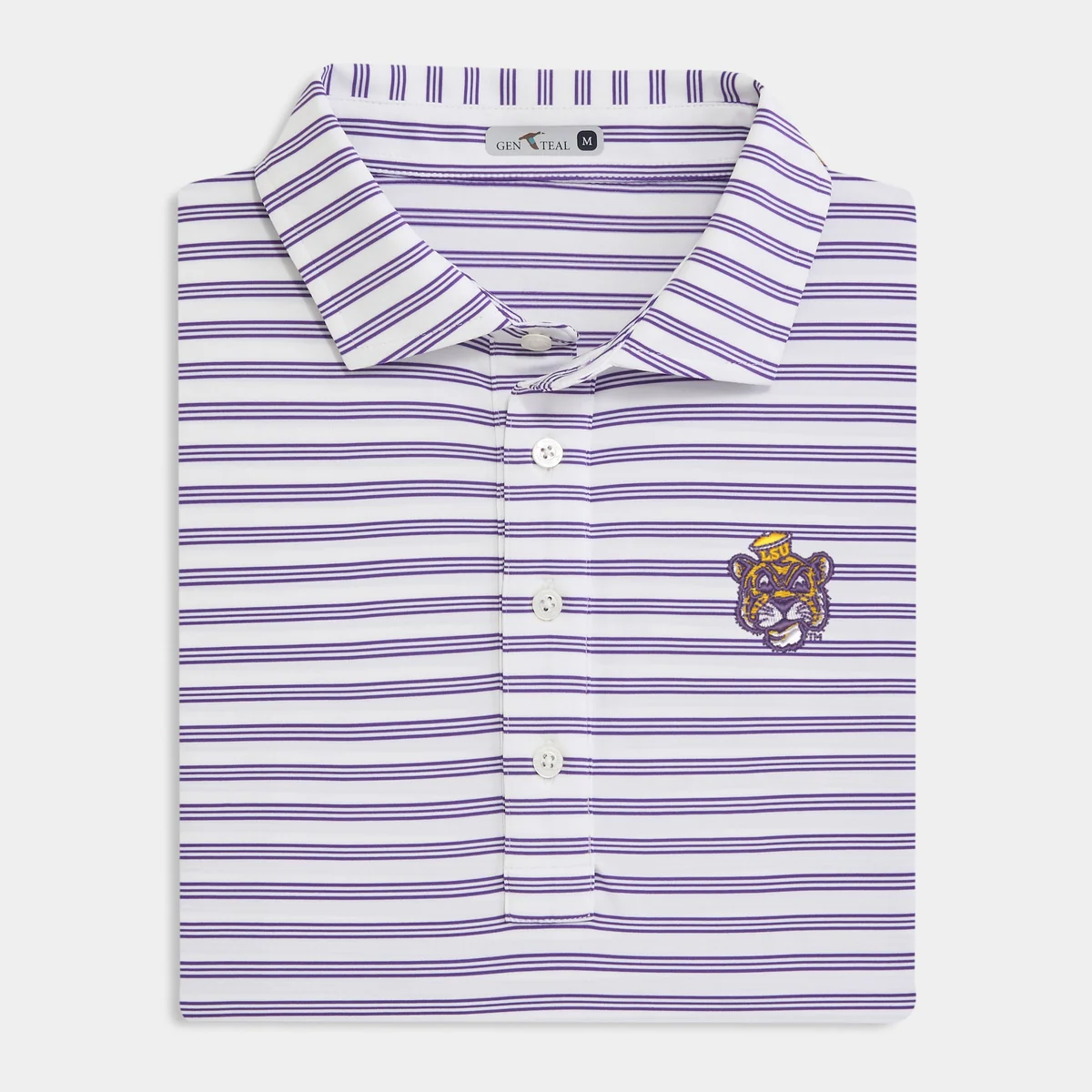Southern Brands to Know for Football Season: Clothing, Decor & More - 10 Folded purple and white striped polo shirt with a tiger mascot logo on the chest, featuring a button-up collarβan entertaining choice among brands for stylish Football season accessories.