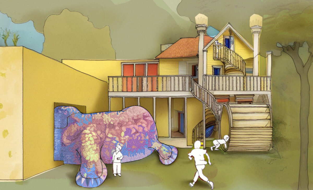 Meet the Woman Behind Louisville's First Children's Museum - 4 Children delight in Child’s Play outside a whimsical yellow house with a turret, a large wooden wheel, and a colorful elephant-shaped slide. Trees and greenery surround the scene.