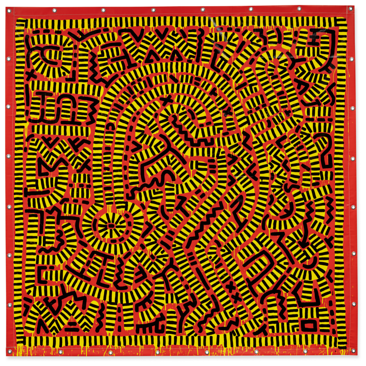 Abstract geometric artwork with interlocking yellow, black, and red lines forming patterns and shapes on a square canvas with grommets along the border, reminiscent of dynamic installations found at the Mobile Museum of Art.