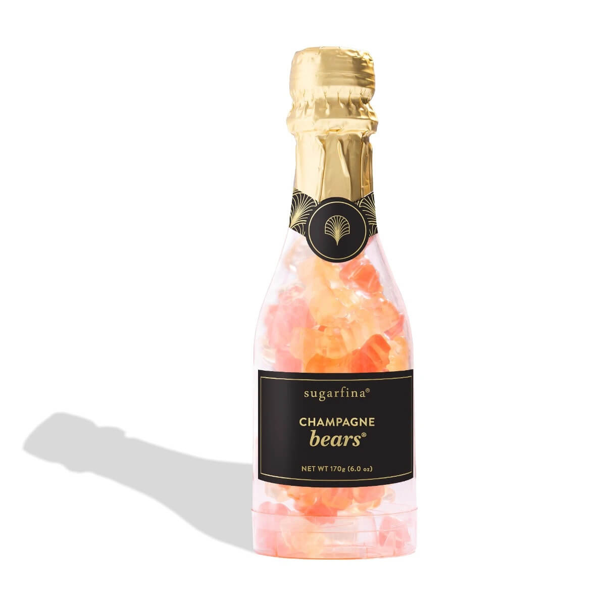 10 Grown-Up Halloween Candies We’re Keeping for Ourselves - 9 A clear plastic bottle shaped like champagne, filled with pink and yellow gummy bears, makes for the perfect addition to any gourmet Halloween candy collection. The black label reads “Sugarfina Champagne Bears,” making this a must-have for those seeking grown-up Halloween candy options.