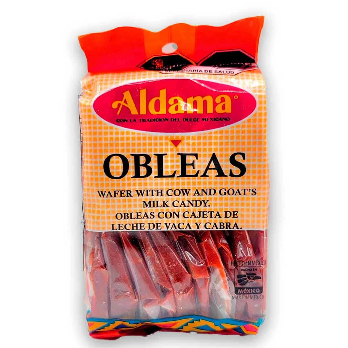 10 Grown-Up Halloween Candies We’re Keeping for Ourselves - 10 A package of Aldama Obleas, a gourmet candy featuring wafer treats filled with cow and goat’s milk caramel, displayed in clear and orange packaging with red individually wrapped candies inside—perfect as a grown-up Halloween candy for those seeking something special.