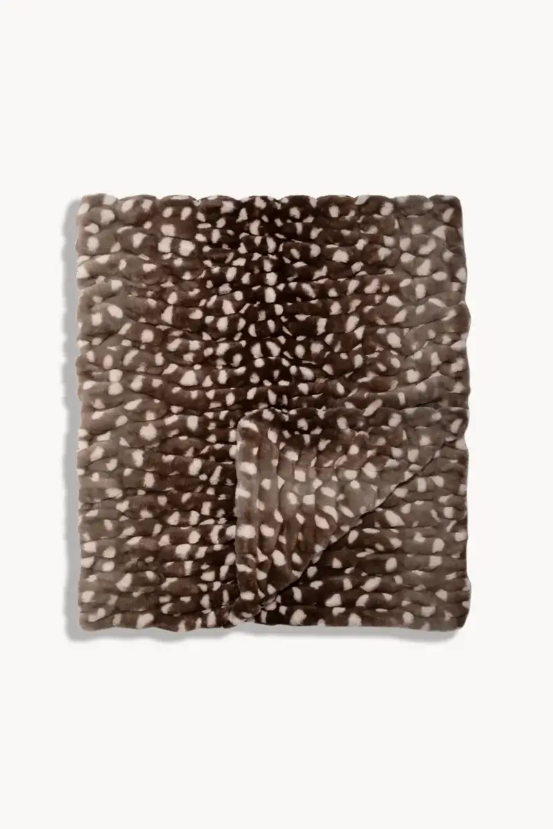 Fall Is Getting Wild: Animal Prints Are Back! - 28 A square, brown faux fur blanket with white spots and wavy lines, shown folded against a plain white background—a cozy nod to Animal Print Trends perfect for elevating your fall fashion-inspired decor.