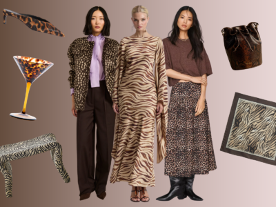 Three women wear chic animal print outfits, embracing the latest animal print trends. Surrounding them are stylish animal print accessories—including shoes, a bag, framed fabric, a martini glass, and a bench.