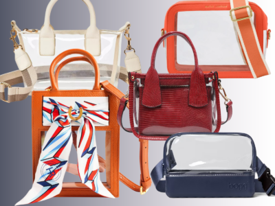 Five of the best clear bags for 2026 are showcased in various shapes and colors—including cream, orange, red, and navy—against a gradient background. One clear bag features a colorful scarf tied to the handle, adding an extra touch of style.