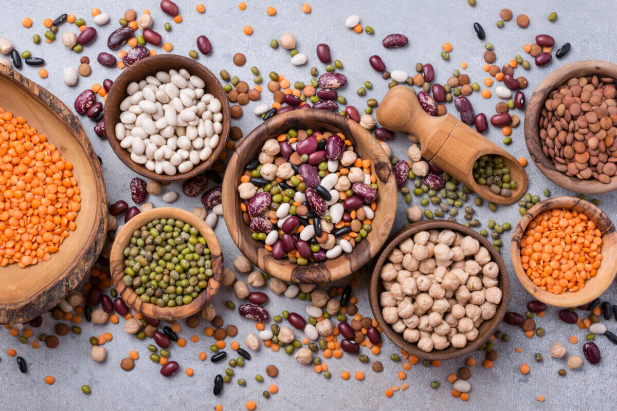 Various dry beans, lentils, and chickpeas—perfect staples for a longevity diet—are displayed in wooden bowls and scattered on a gray surface, with a small wooden scoop among them.