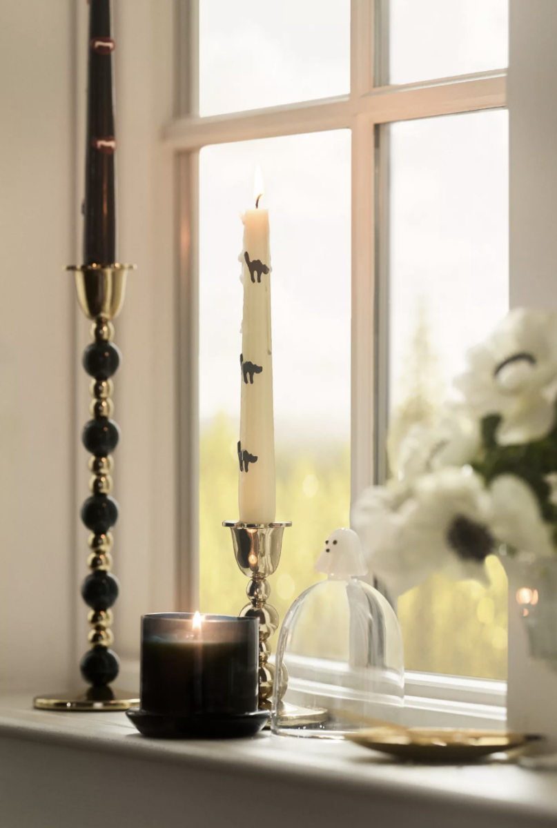 20 Halloween Decor FINDS That Are Actually Chic - 17 A lit candle with black cat decorations stands by a black candle, a glass bird ornament, a lit black jar candle, and white flowers on a windowsill—creating the perfect touch of Halloween Decor for spooky season.