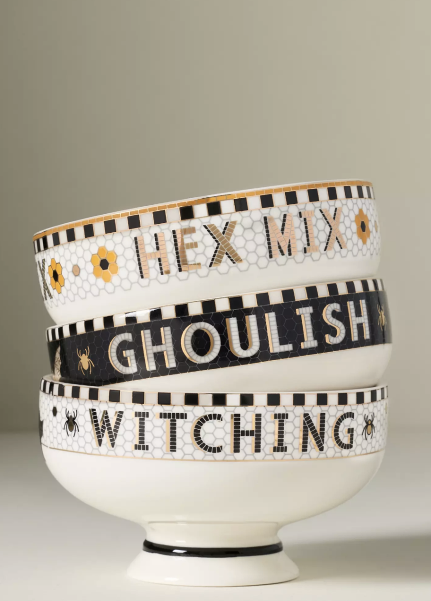 20 Halloween Decor FINDS That Are Actually Chic - 19 Three stacked ceramic bowls with Halloween-themed designs and text reading “HEX MIX,” “GHOULISH,” and “WITCHING” on their sides—perfect for adding festive flair to your Halloween decor this Spooky Season.
